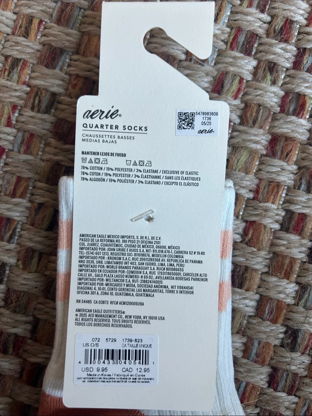 aerie White Socks with Peach Stripes and Rust Heel